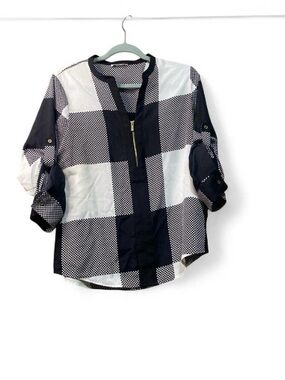 Calvin Klein Black White Geometric Half Zip Blouse